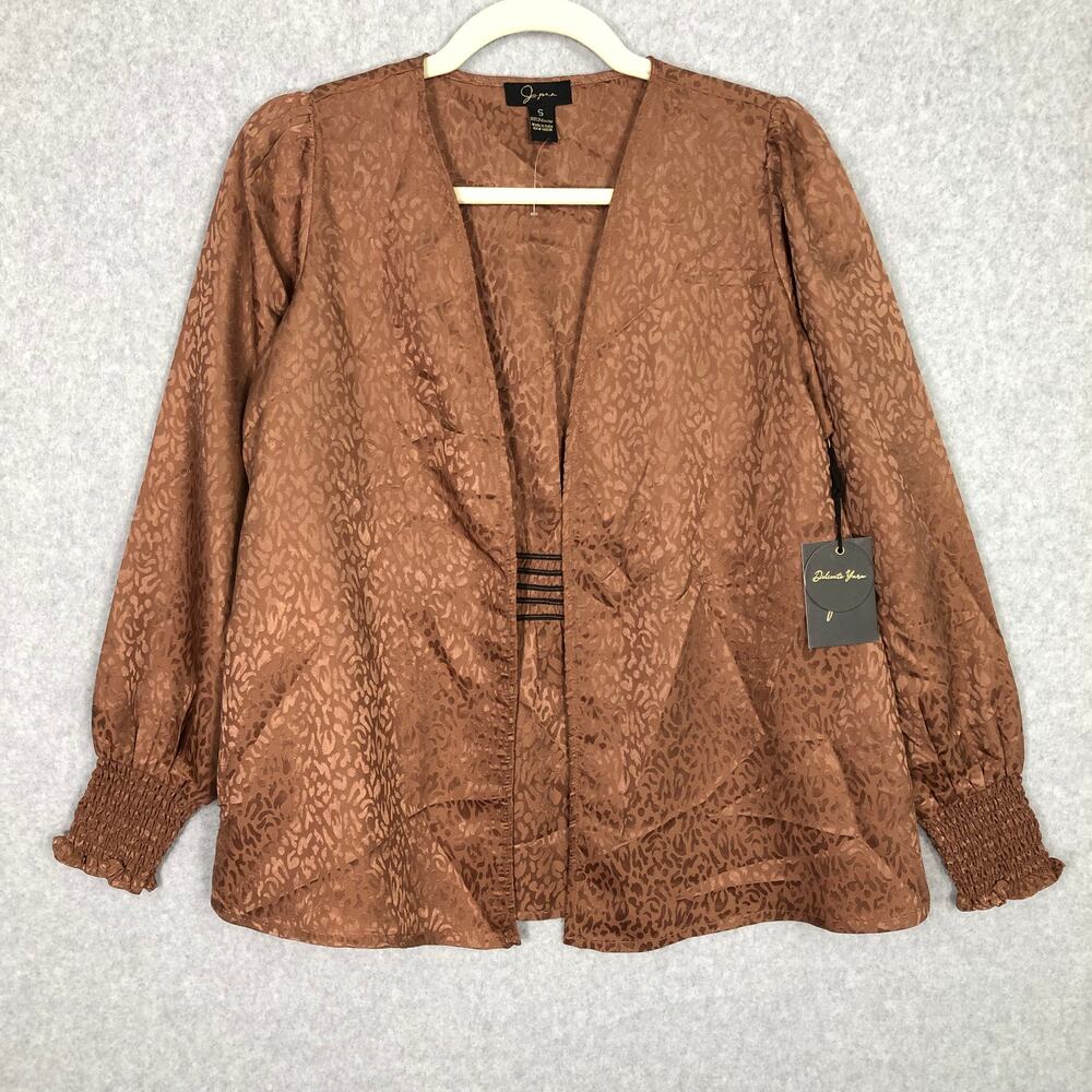 Japna Satin Blazer Blouse Small Copper Leopard Ruched Sleeve Career Glam Maximal